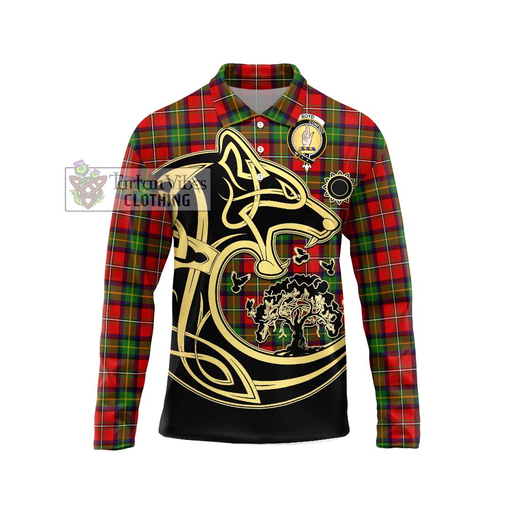 Boyd Tartan Long Sleeve Polo Shirt with Family Crest Celtic Wolf Style Unisex - Tartanvibesclothing Shop