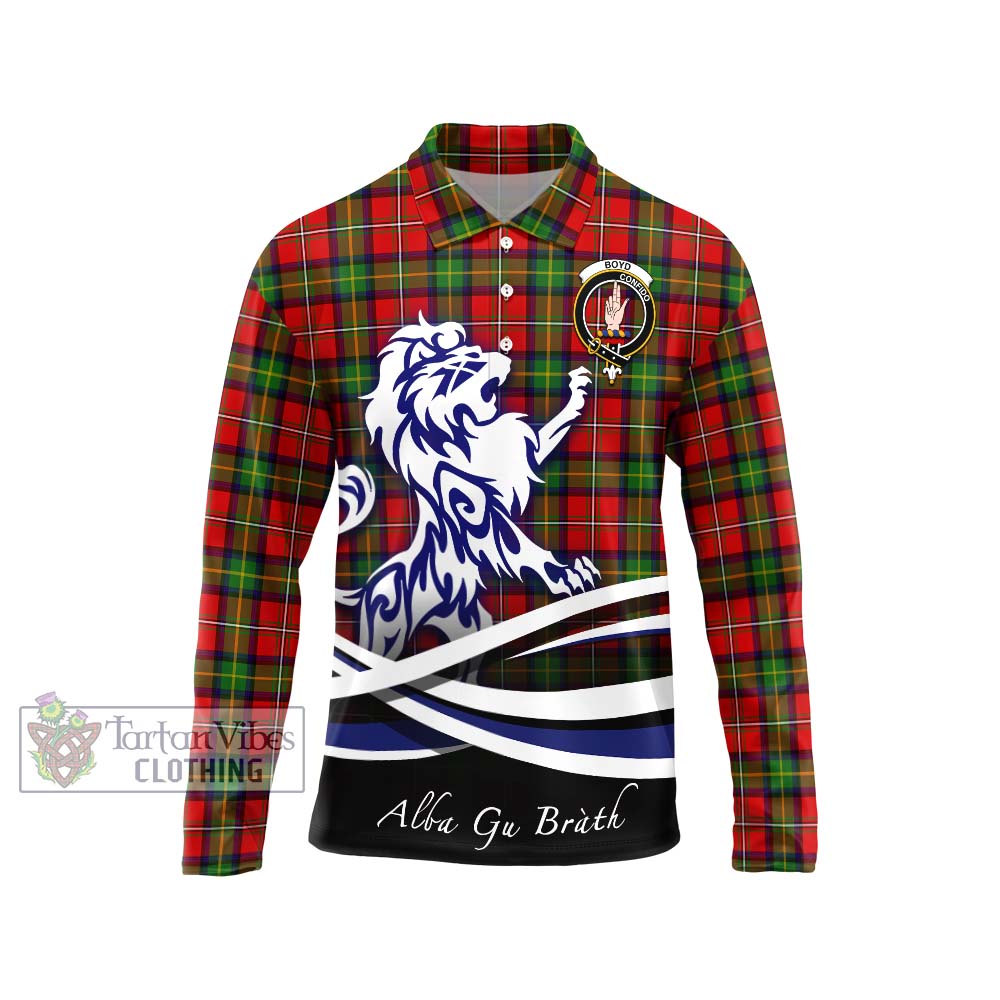 Boyd Tartan Long Sleeve Polo Shirt with Alba Gu Brath Regal Lion Emblem Unisex - Tartanvibesclothing Shop