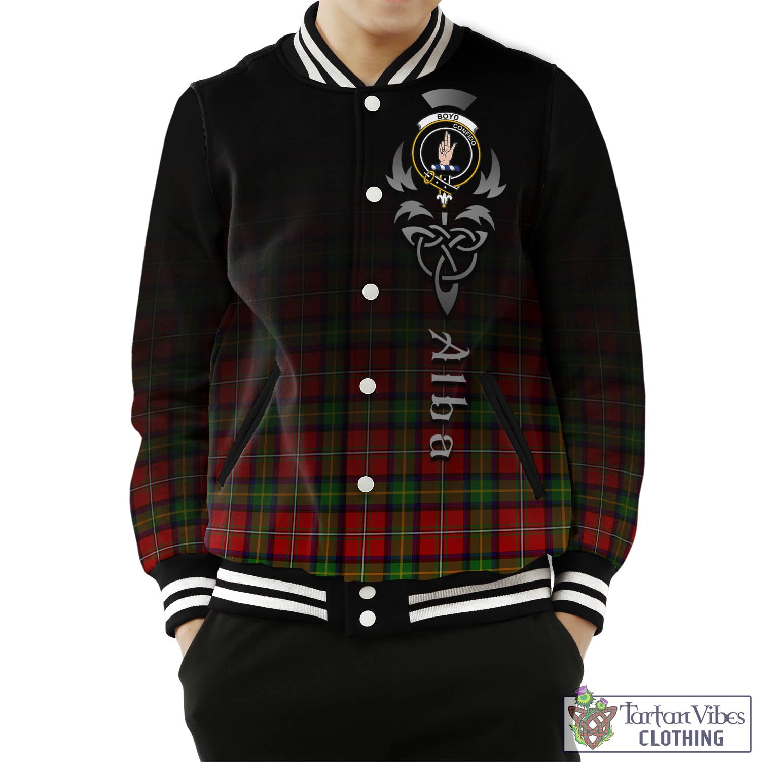 Tartan Vibes Clothing Boyd Modern Tartan Baseball Jacket Featuring Alba Gu Brath Family Crest Celtic Inspired