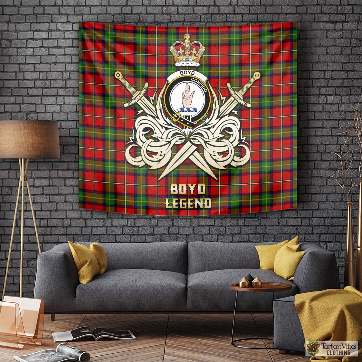 Tartan Vibes Clothing Boyd Modern Tartan Tapestry with Clan Crest and the Golden Sword of Courageous Legacy