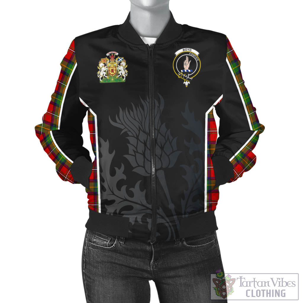 Tartan Vibes Clothing Boyd Modern Tartan Bomber Jacket with Family Crest and Scottish Thistle Vibes Sport Style