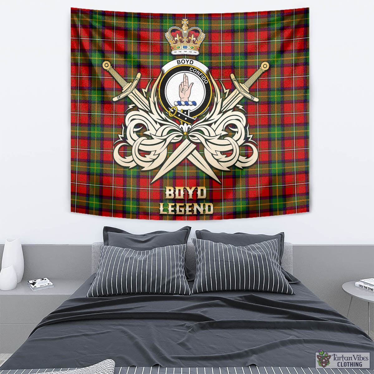 Tartan Vibes Clothing Boyd Modern Tartan Tapestry with Clan Crest and the Golden Sword of Courageous Legacy