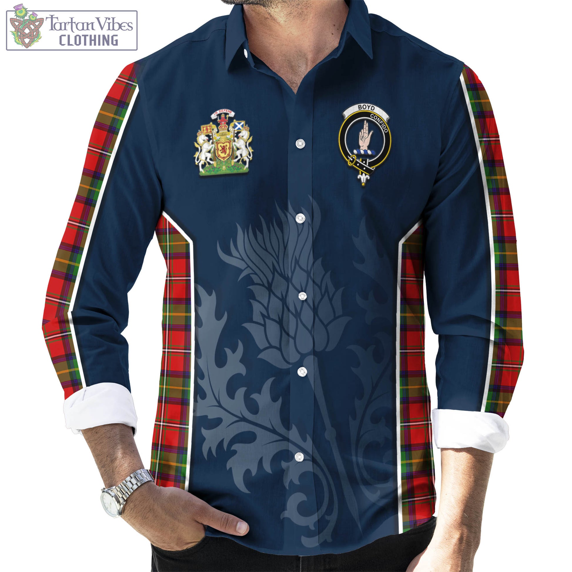 Tartan Vibes Clothing Boyd Modern Tartan Long Sleeve Button Up Shirt with Family Crest and Scottish Thistle Vibes Sport Style