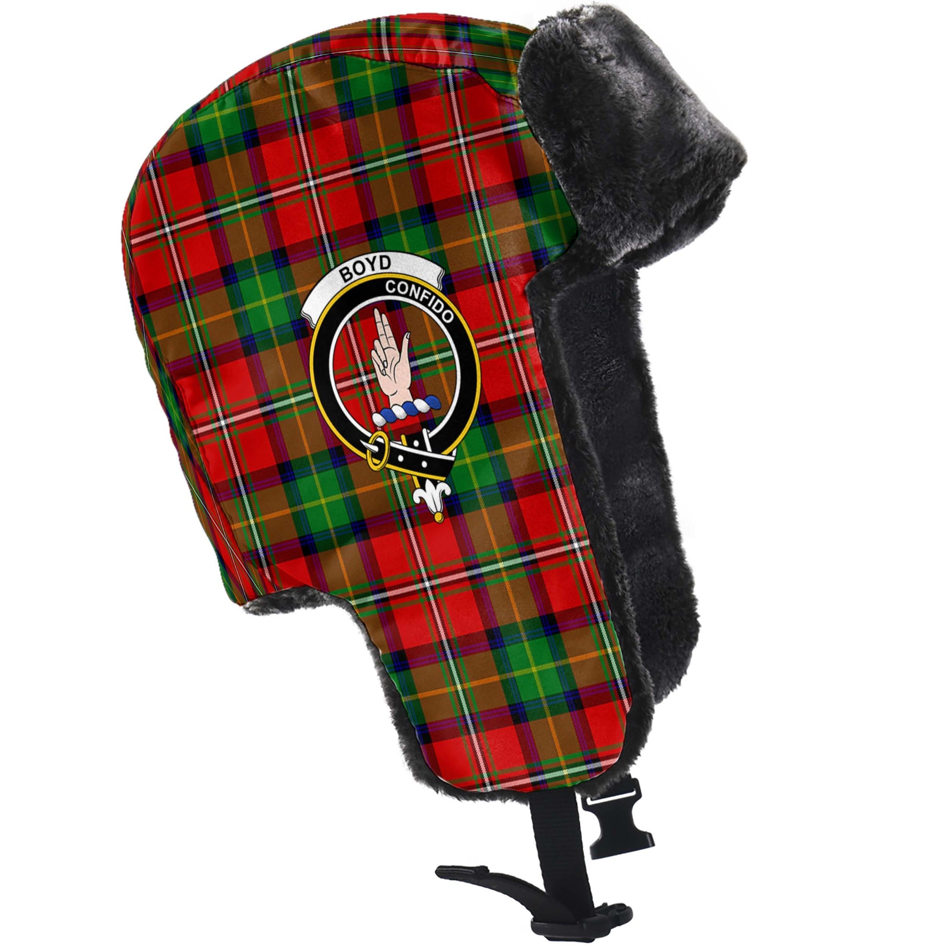 Boyd Modern Tartan Winter Trapper Hat with Family Crest - Tartanvibesclothing