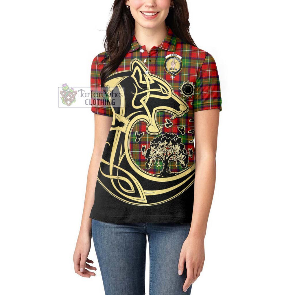 Boyd Tartan Women's Polo Shirt with Family Crest Celtic Wolf Style - Tartanvibesclothing Shop