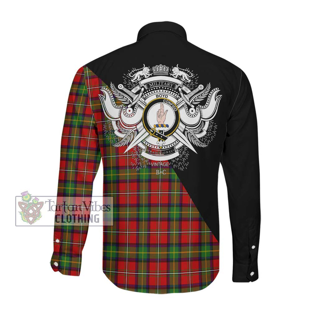 Boyd Tartan Long Sleeve Button Shirt with Family Crest and Military Logo Style Men's Shirt - Tartanvibesclothing Shop