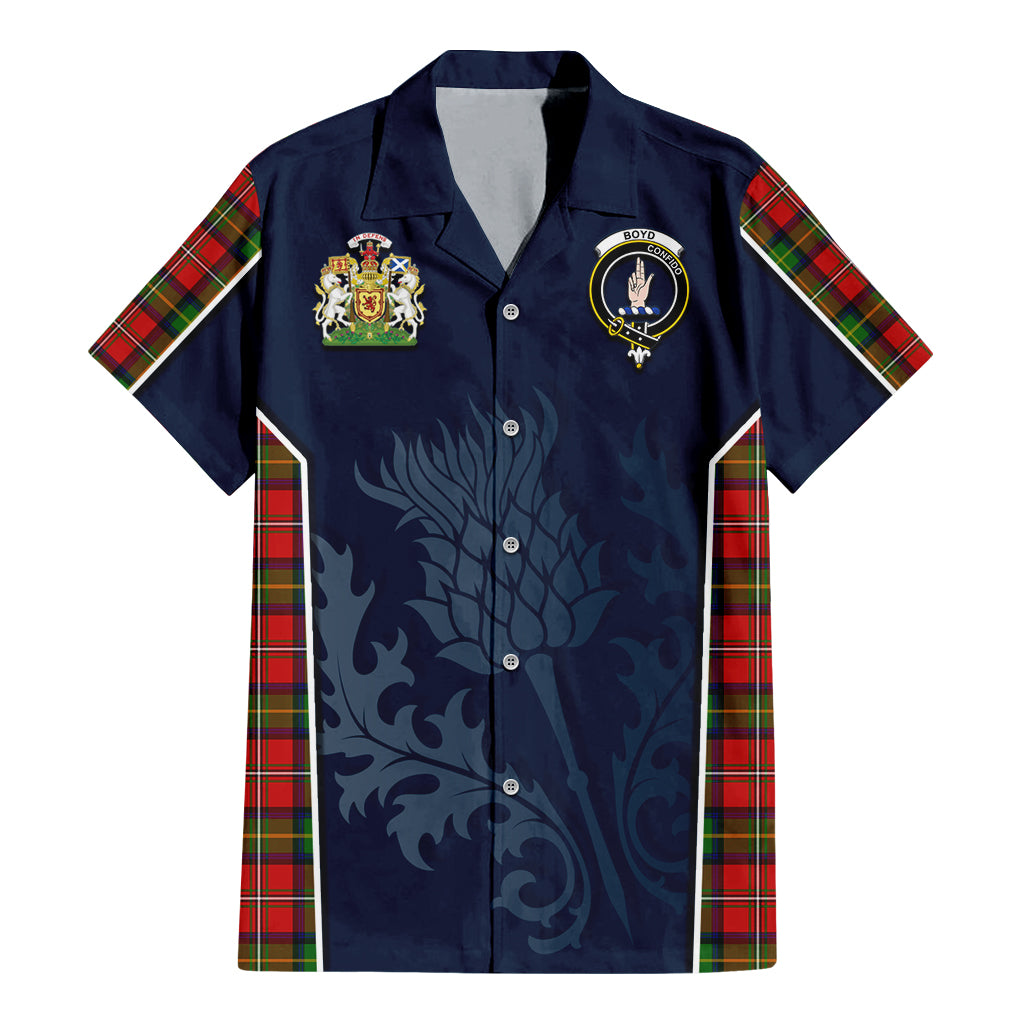 Tartan Vibes Clothing Boyd Modern Tartan Short Sleeve Button Up Shirt with Family Crest and Scottish Thistle Vibes Sport Style