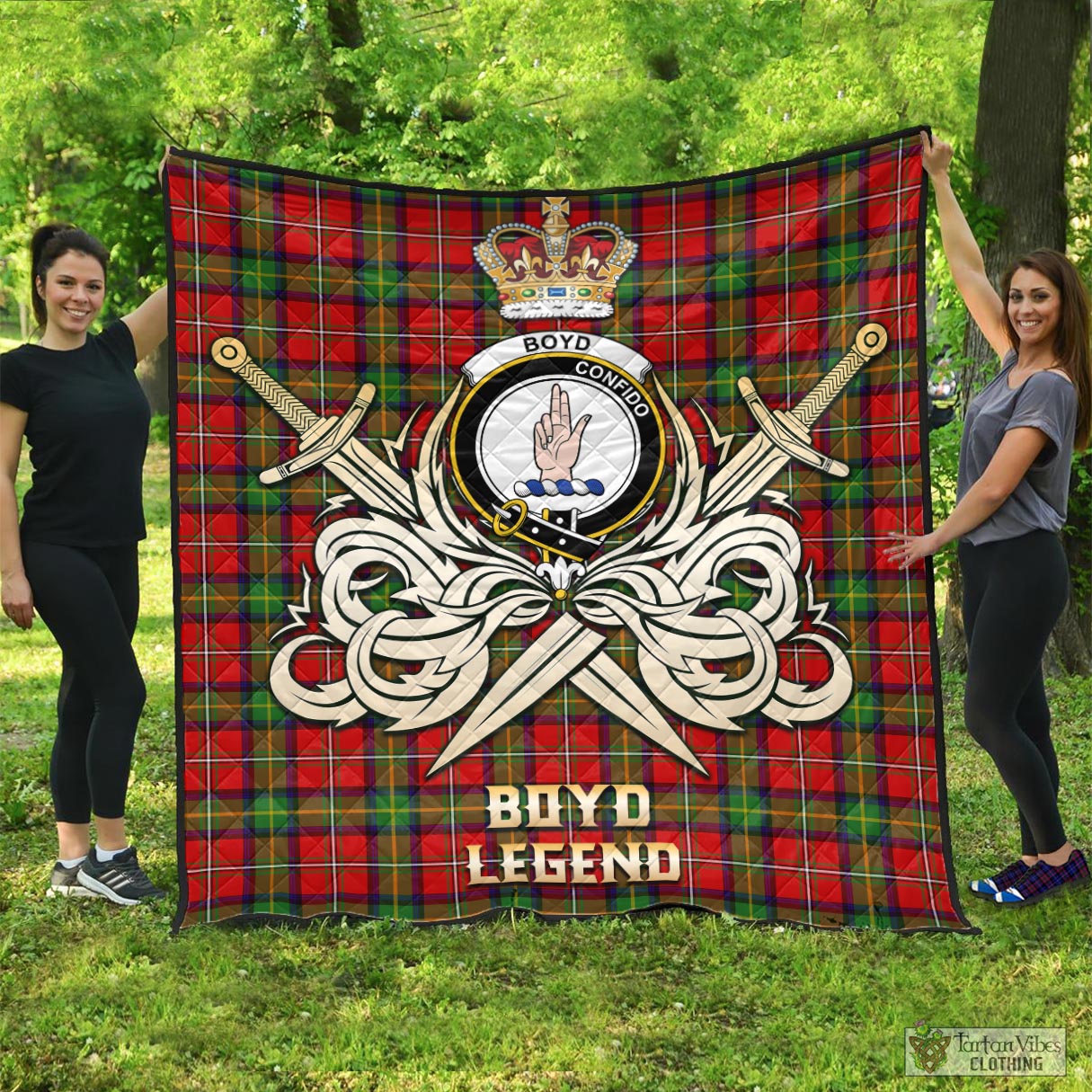 Tartan Vibes Clothing Boyd Modern Tartan Quilt with Clan Crest and the Golden Sword of Courageous Legacy