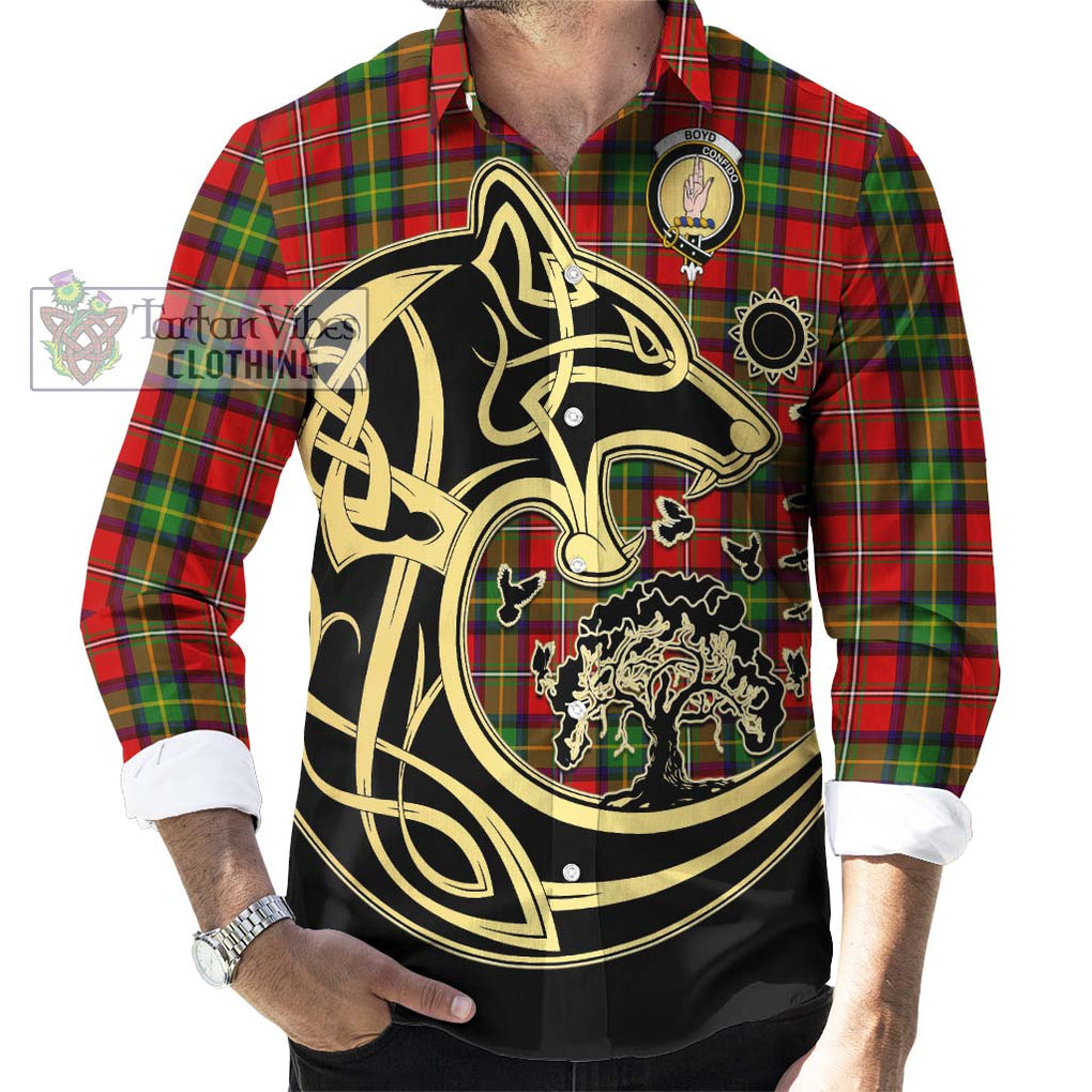 Boyd Tartan Long Sleeve Button Shirt with Family Crest Celtic Wolf Style - Tartan Vibes Clothing