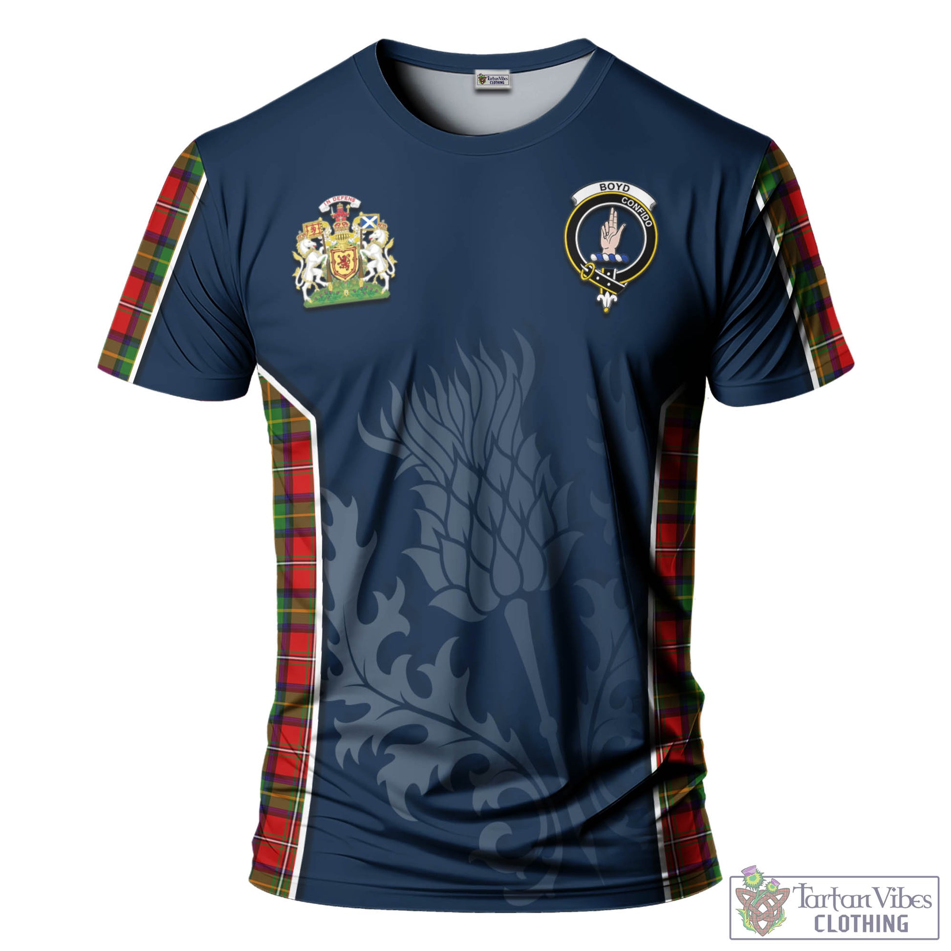 Tartan Vibes Clothing Boyd Modern Tartan T-Shirt with Family Crest and Scottish Thistle Vibes Sport Style