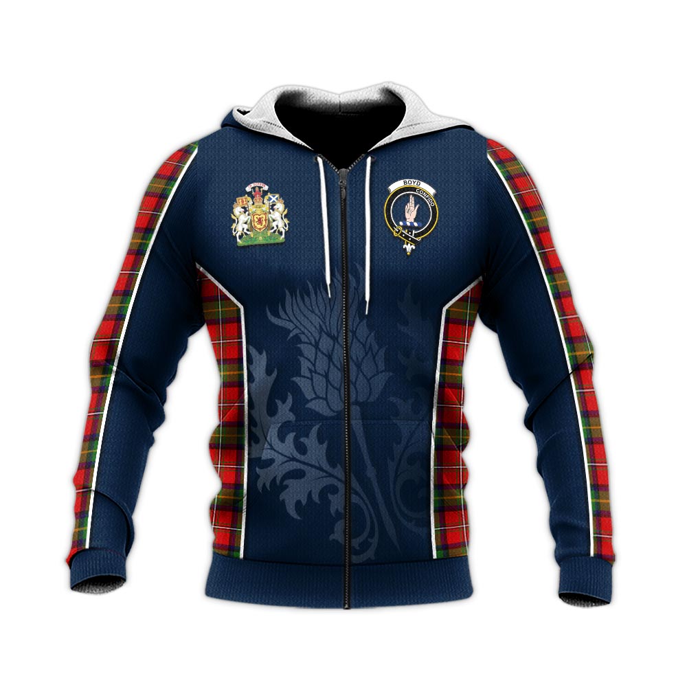 Tartan Vibes Clothing Boyd Modern Tartan Knitted Hoodie with Family Crest and Scottish Thistle Vibes Sport Style