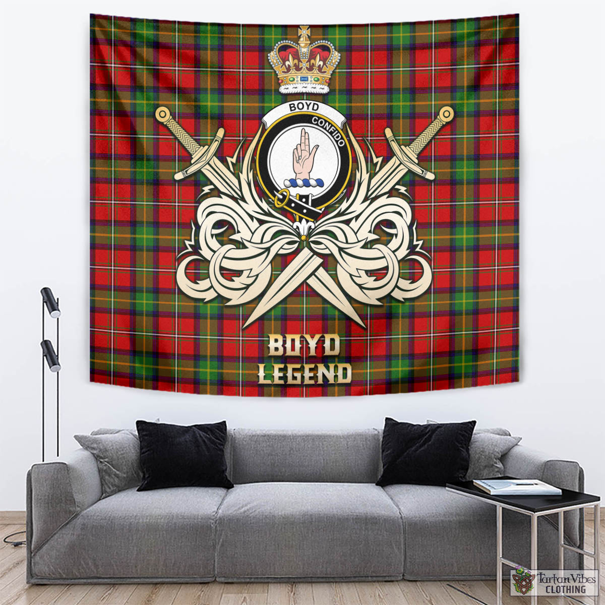 Tartan Vibes Clothing Boyd Modern Tartan Tapestry with Clan Crest and the Golden Sword of Courageous Legacy