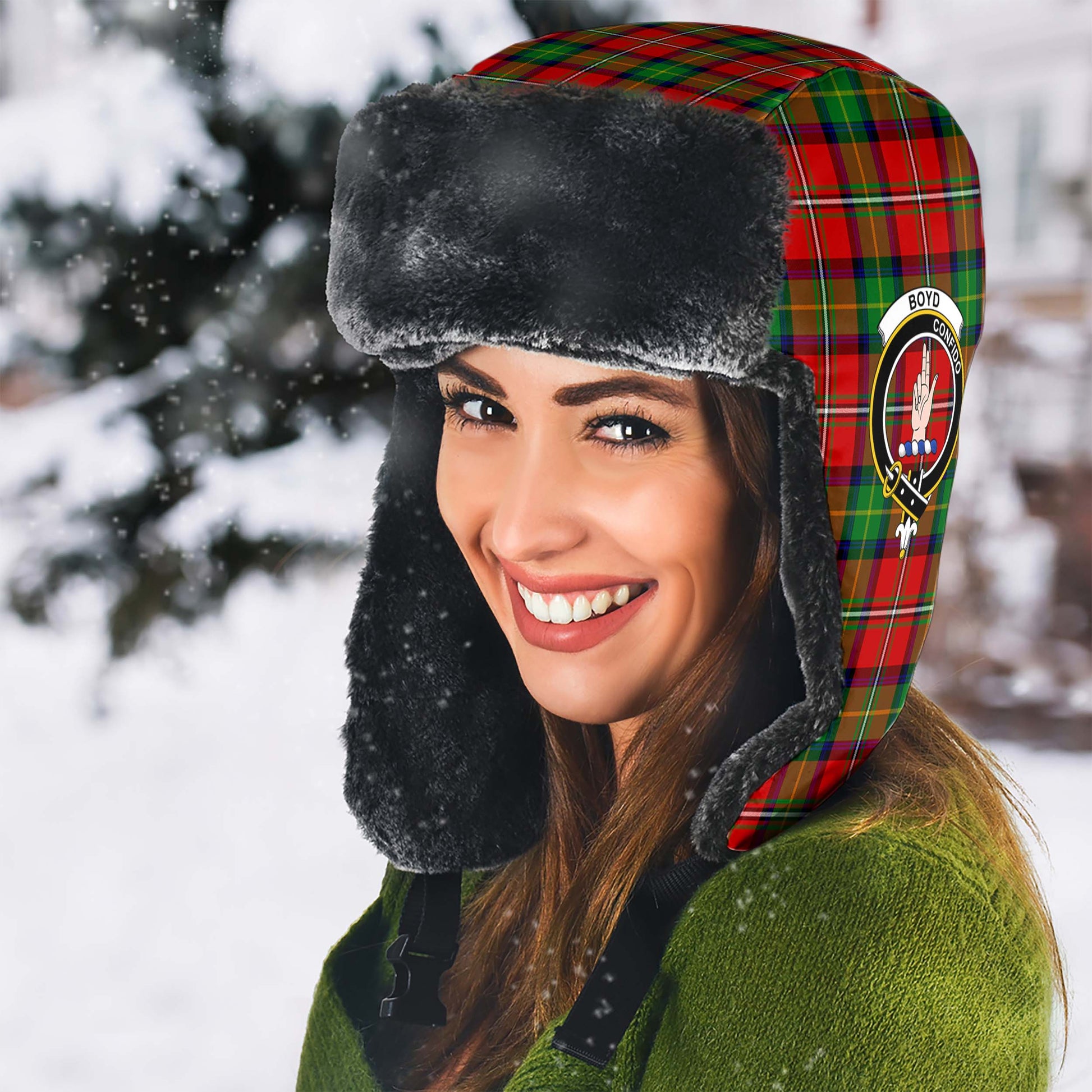 Boyd Modern Tartan Winter Trapper Hat with Family Crest - Tartanvibesclothing