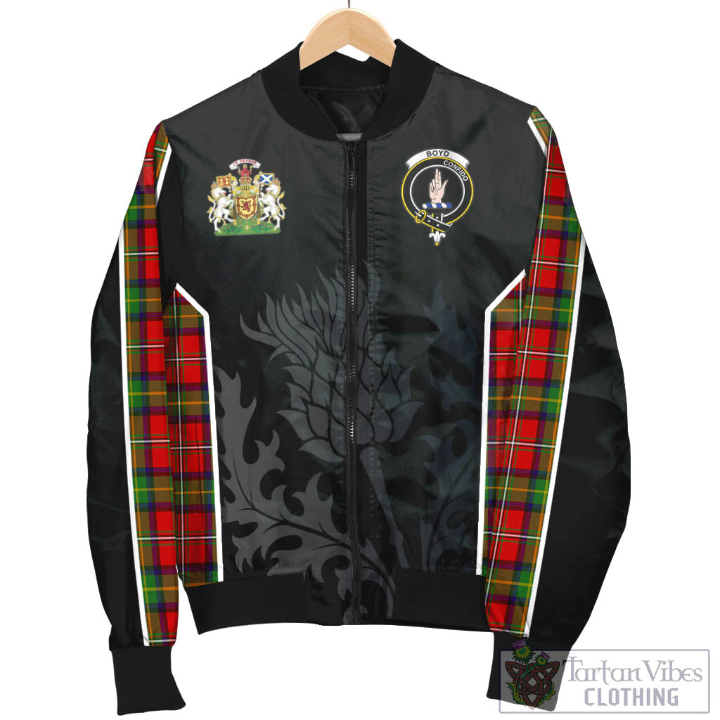 Tartan Vibes Clothing Boyd Modern Tartan Bomber Jacket with Family Crest and Scottish Thistle Vibes Sport Style