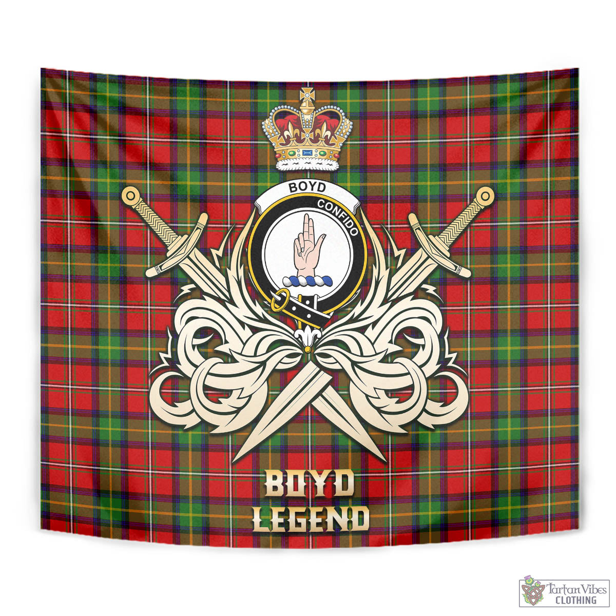 Tartan Vibes Clothing Boyd Modern Tartan Tapestry with Clan Crest and the Golden Sword of Courageous Legacy