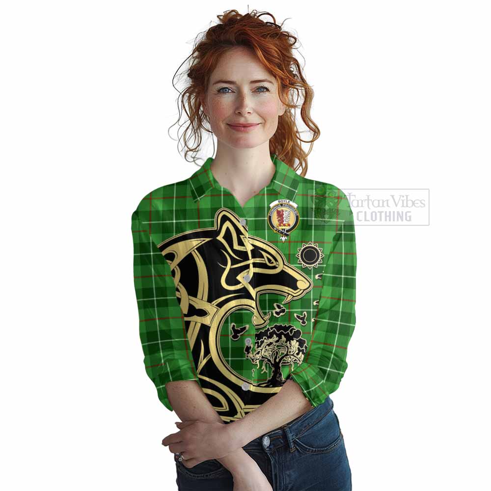 Tartan Vibes Clothing Boyle Tartan Women's Casual Shirt with Family Crest Celtic Wolf Style