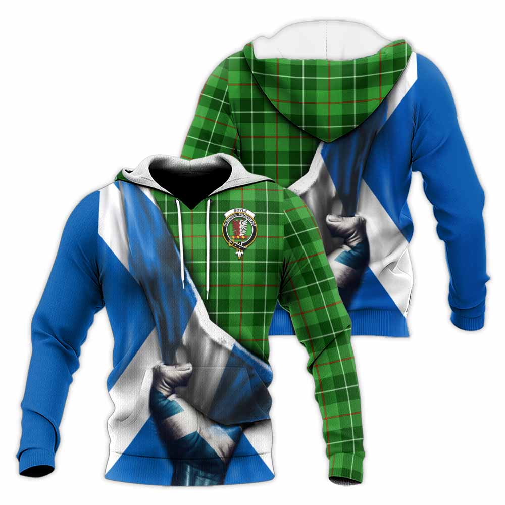 Tartan Vibes Clothing Boyle Tartan Knitted Hoodie with Family Crest Scotland Patriotic Style