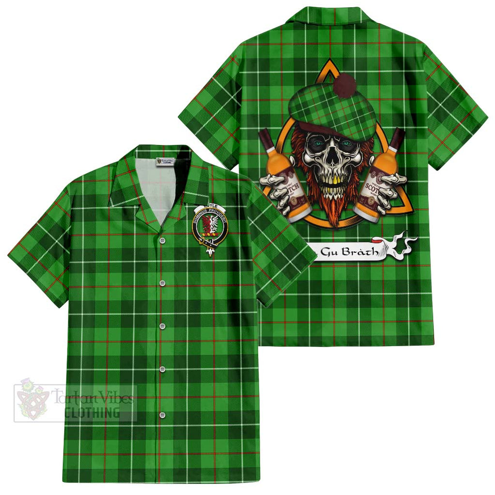 Tartan Vibes Clothing Boyle Tartan Short Sleeve Button Shirt with Family Crest and Bearded Skull Holding Bottles of Whiskey