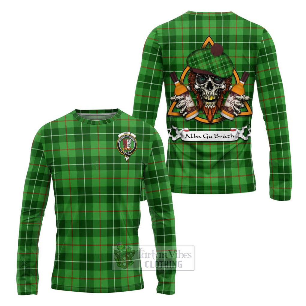 Tartan Vibes Clothing Boyle Tartan Long Sleeve T-Shirt with Family Crest and Bearded Skull Holding Bottles of Whiskey