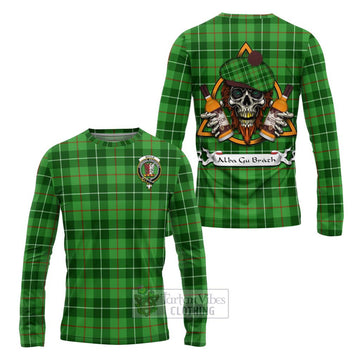 Boyle Tartan Long Sleeve T-Shirt with Family Crest and Bearded Skull Holding Bottles of Whiskey