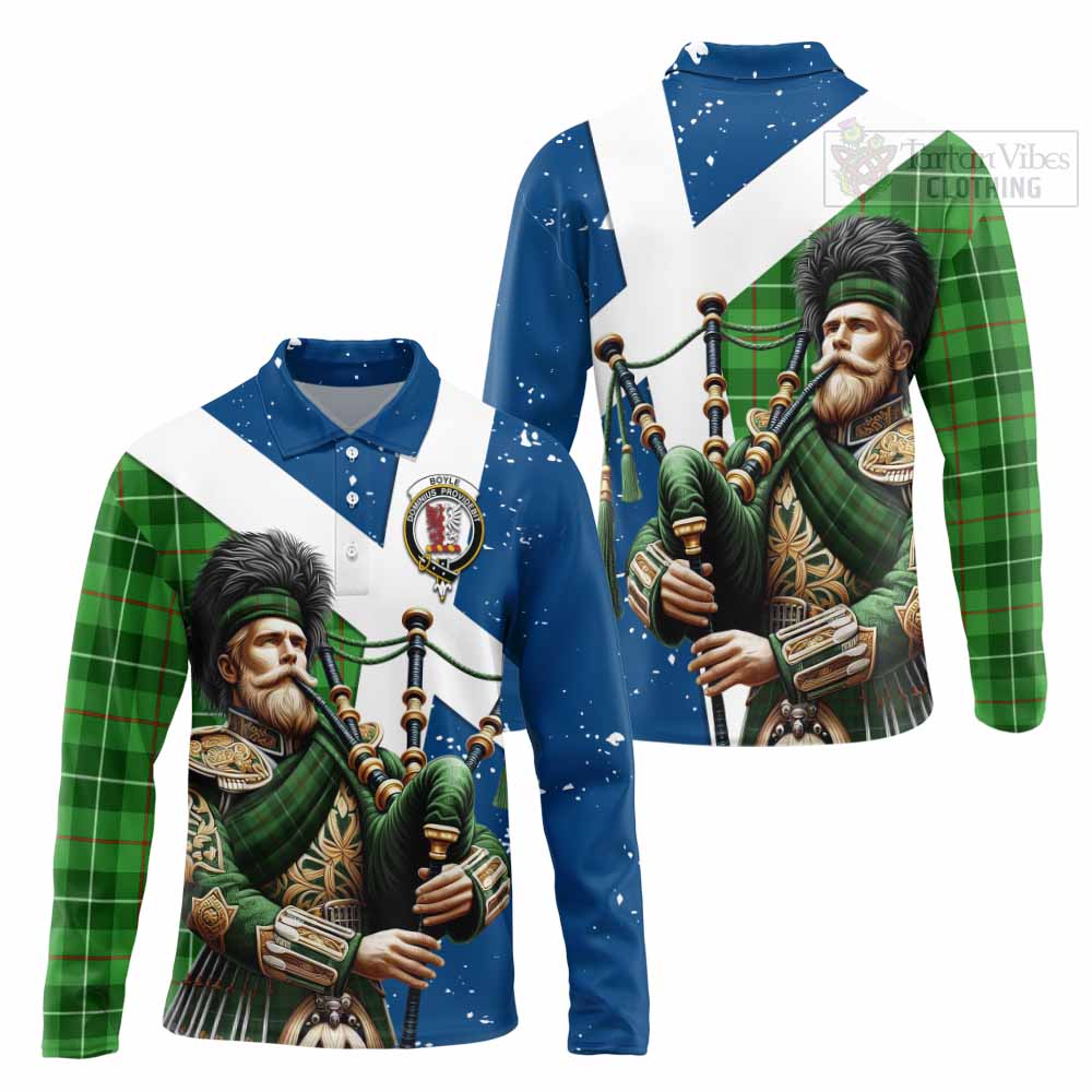 Tartan Vibes Clothing Boyle Tartan Long Sleeve Polo Shirt with Family Crest Scottish Bagpiper Vibes