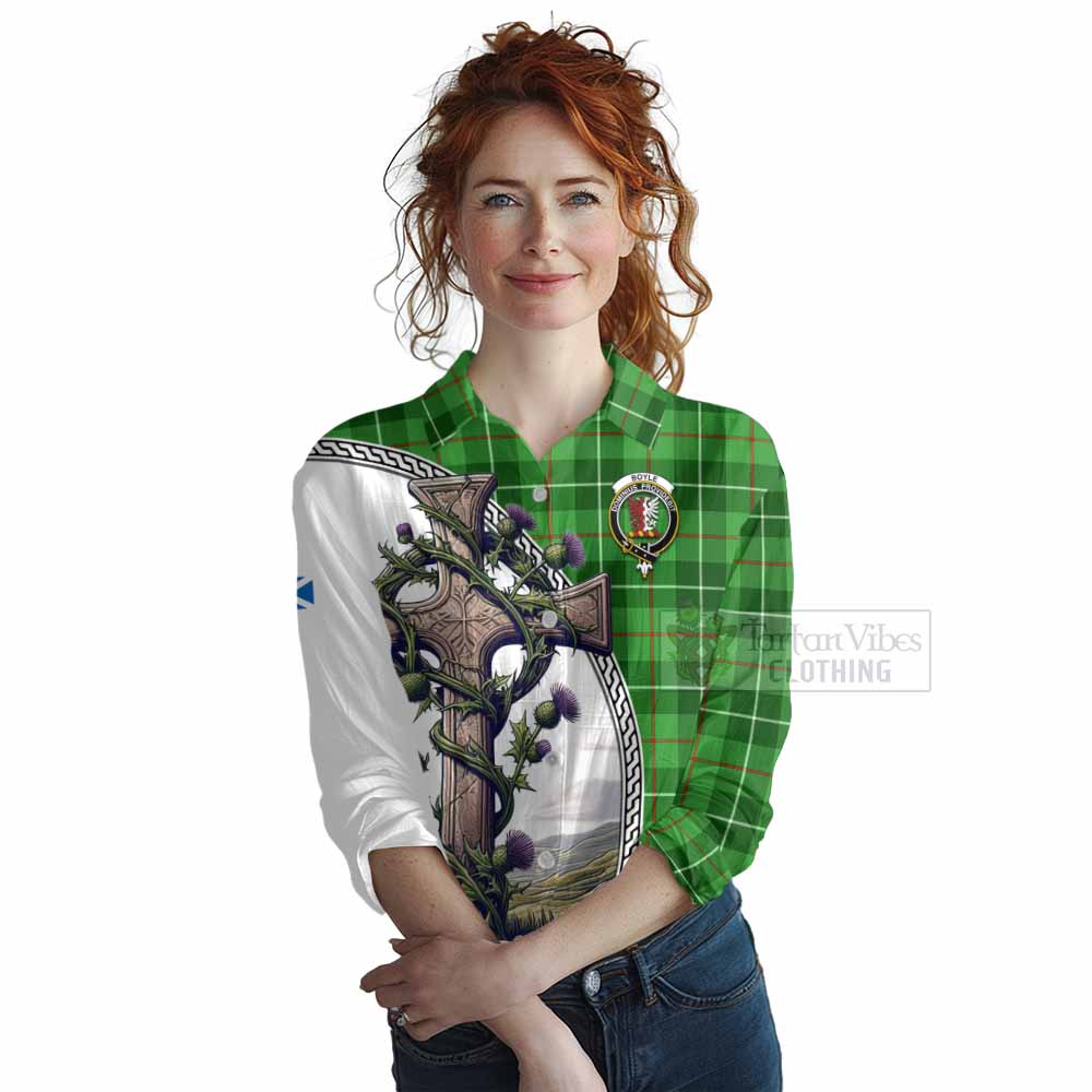 Tartan Vibes Clothing Boyle Tartan Women's Casual Shirt with Family Crest and St. Andrew's Cross Accented by Thistle Vines