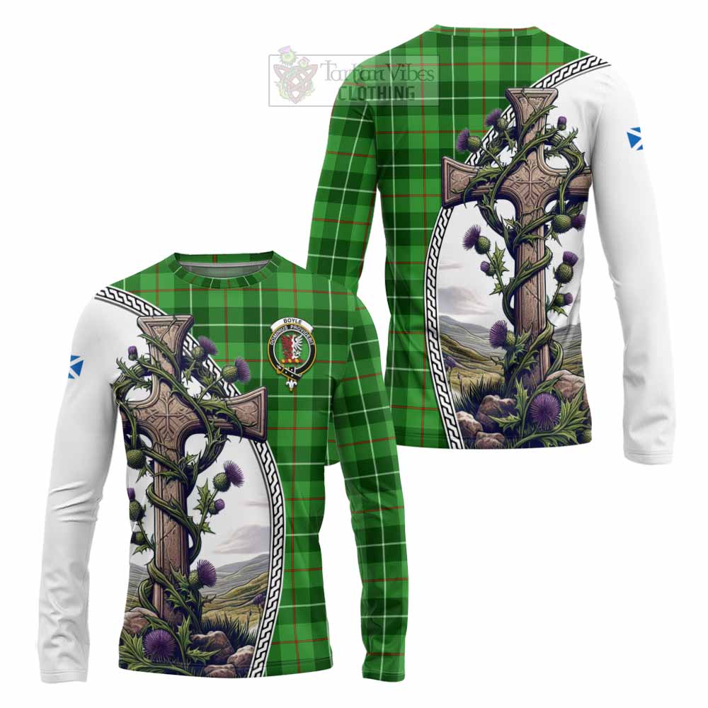 Tartan Vibes Clothing Boyle Tartan Long Sleeve T-Shirt with Family Crest and St. Andrew's Cross Accented by Thistle Vines