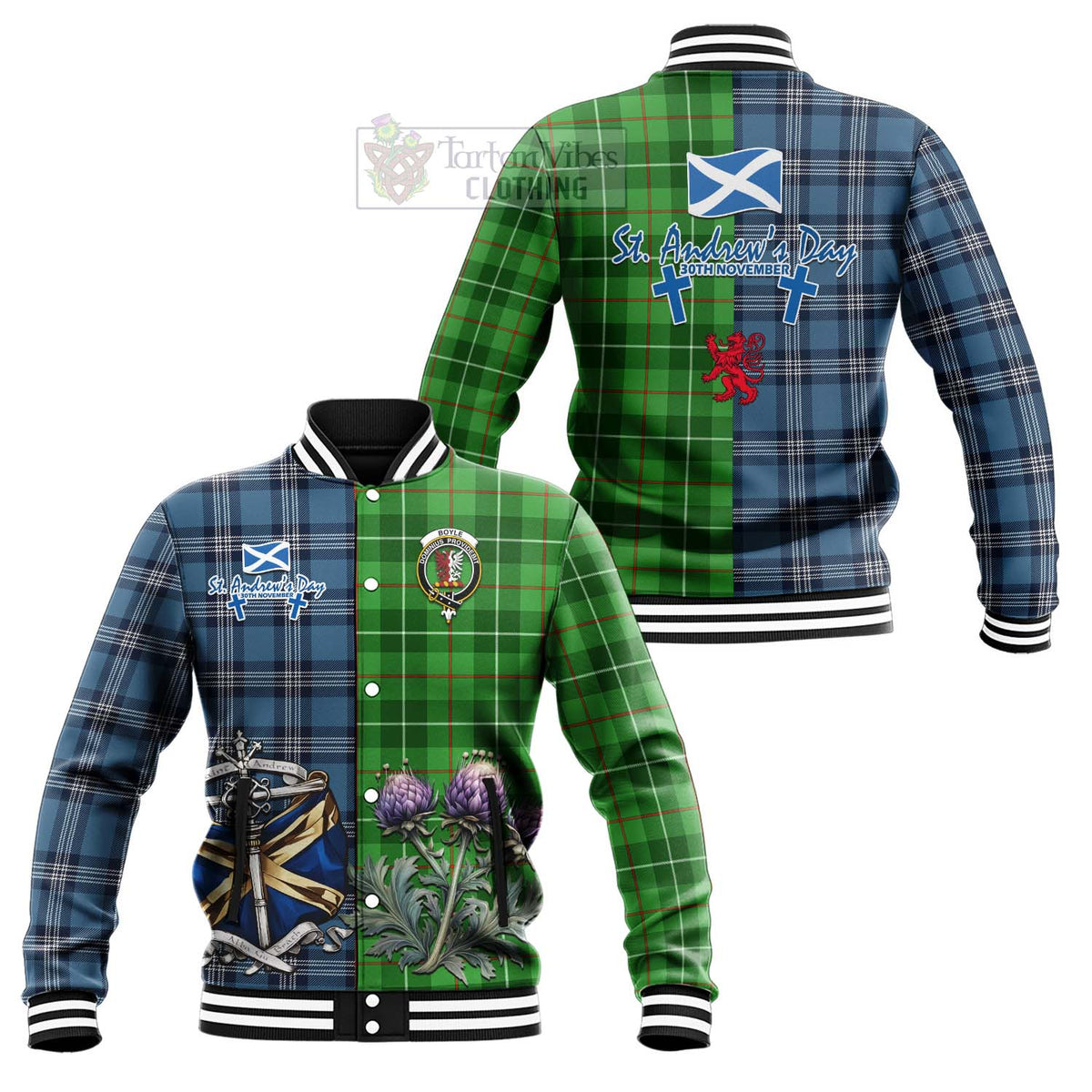 Boyle Tartan Baseball Jacket Happy St. Andrew's Day Half Tartan Style Unisex - Tartan Vibes Clothing