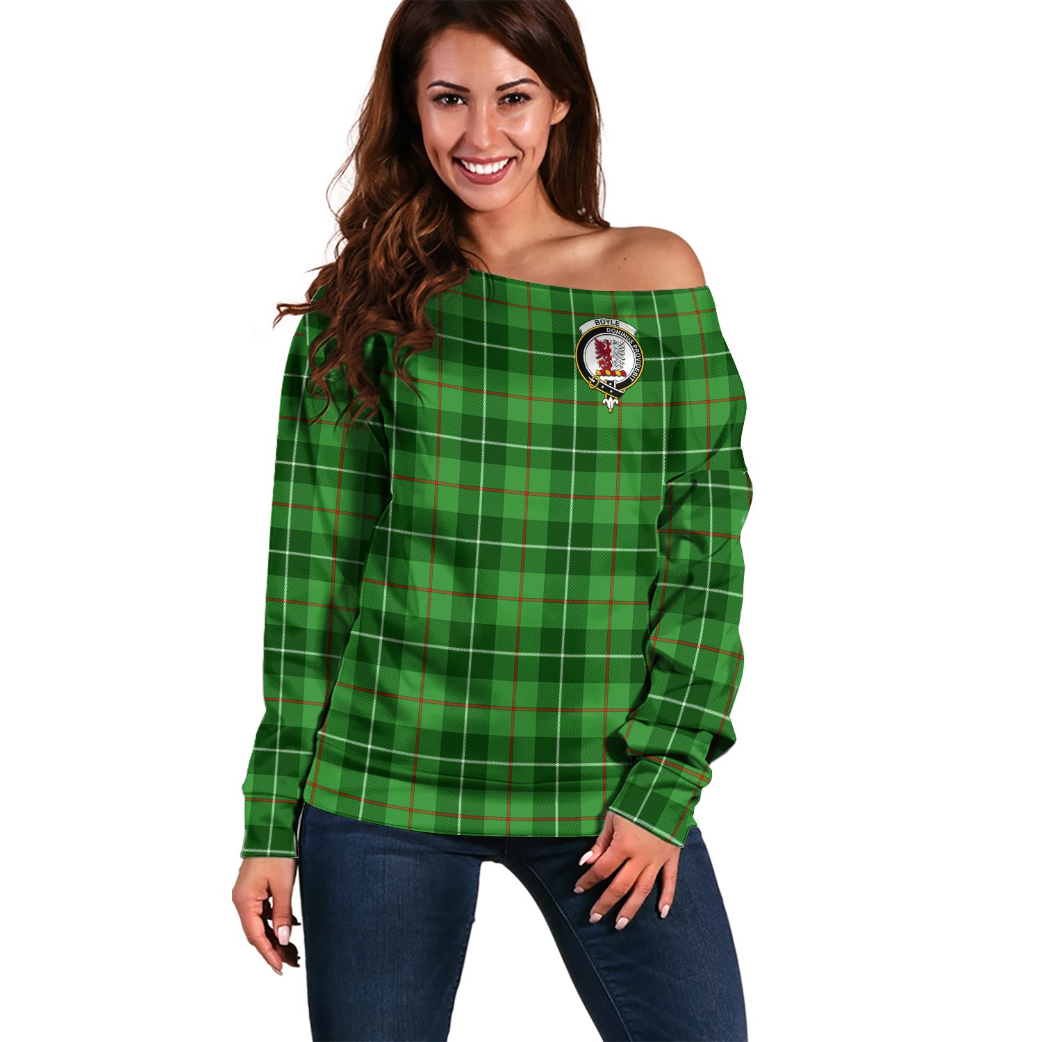 Boyle Tartan Off Shoulder Women Sweater with Family Crest Women - Tartanvibesclothing