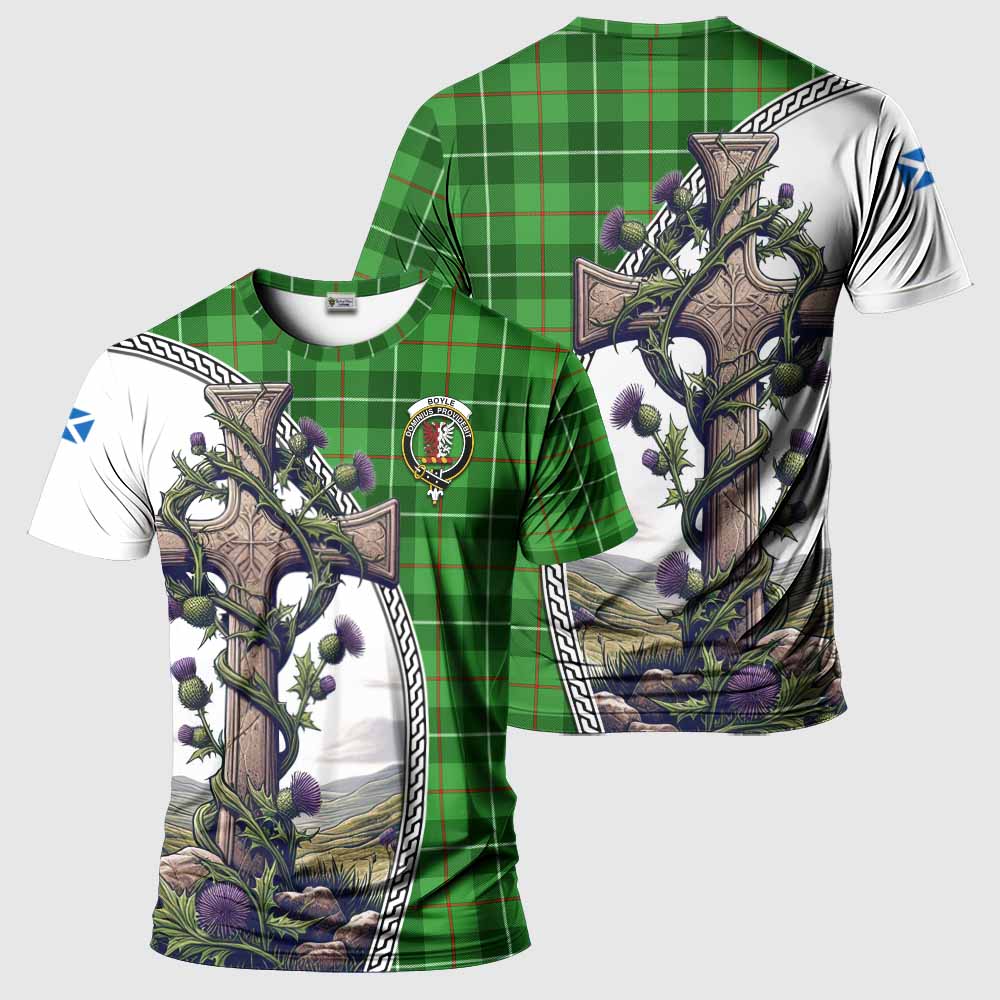 Tartan Vibes Clothing Boyle Agnew Tartan T-Shirt with Family Crest and St. Andrew's Cross Accented by Thistle Vines