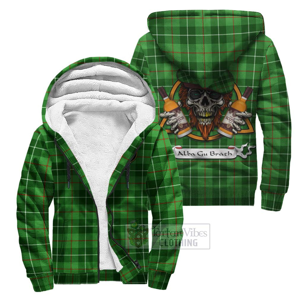 Tartan Vibes Clothing Boyle Tartan Sherpa Hoodie with Family Crest and Bearded Skull Holding Bottles of Whiskey