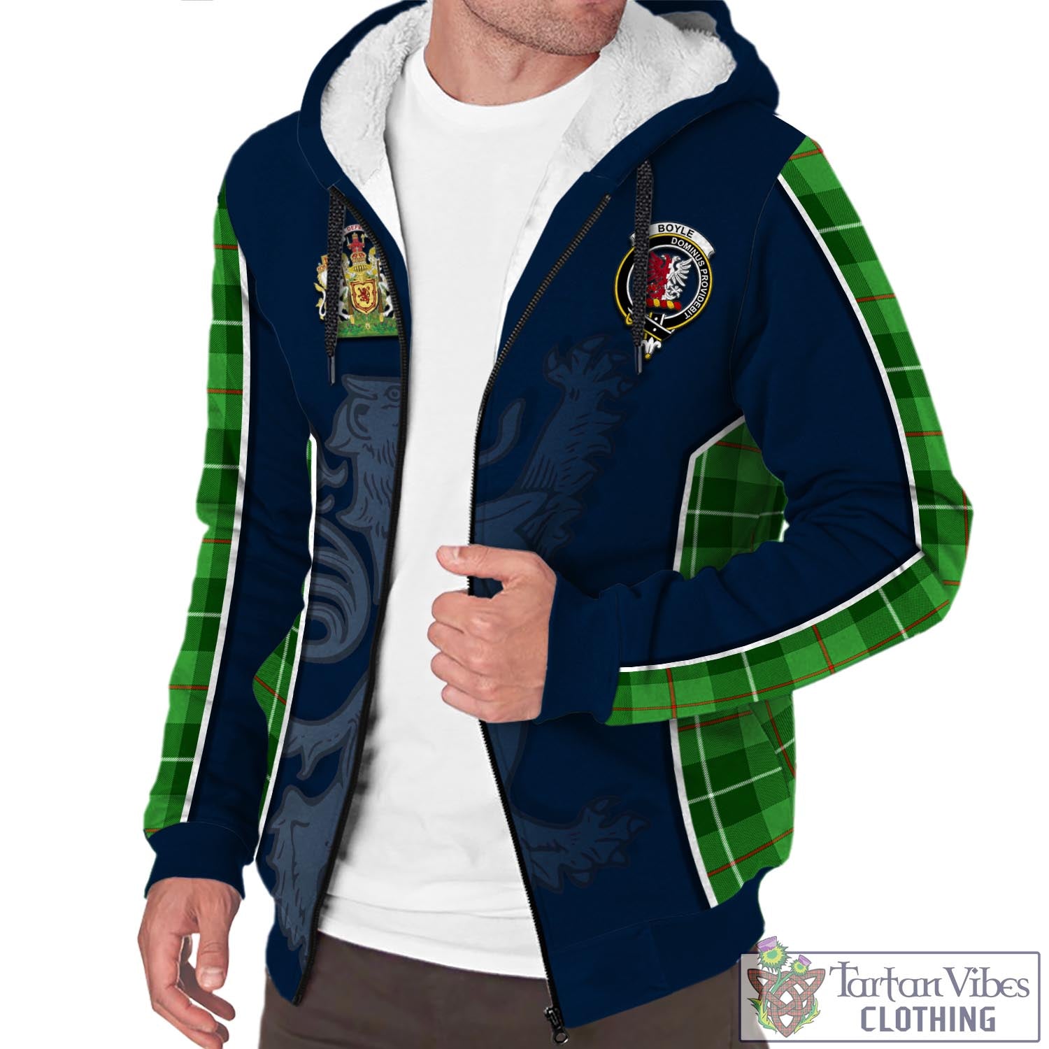 Tartan Vibes Clothing Boyle Tartan Sherpa Hoodie with Family Crest and Lion Rampant Vibes Sport Style