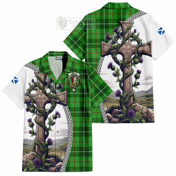 Boyle Tartan Short Sleeve Button Shirt with Family Crest and St. Andrew's Cross Accented by Thistle Vines