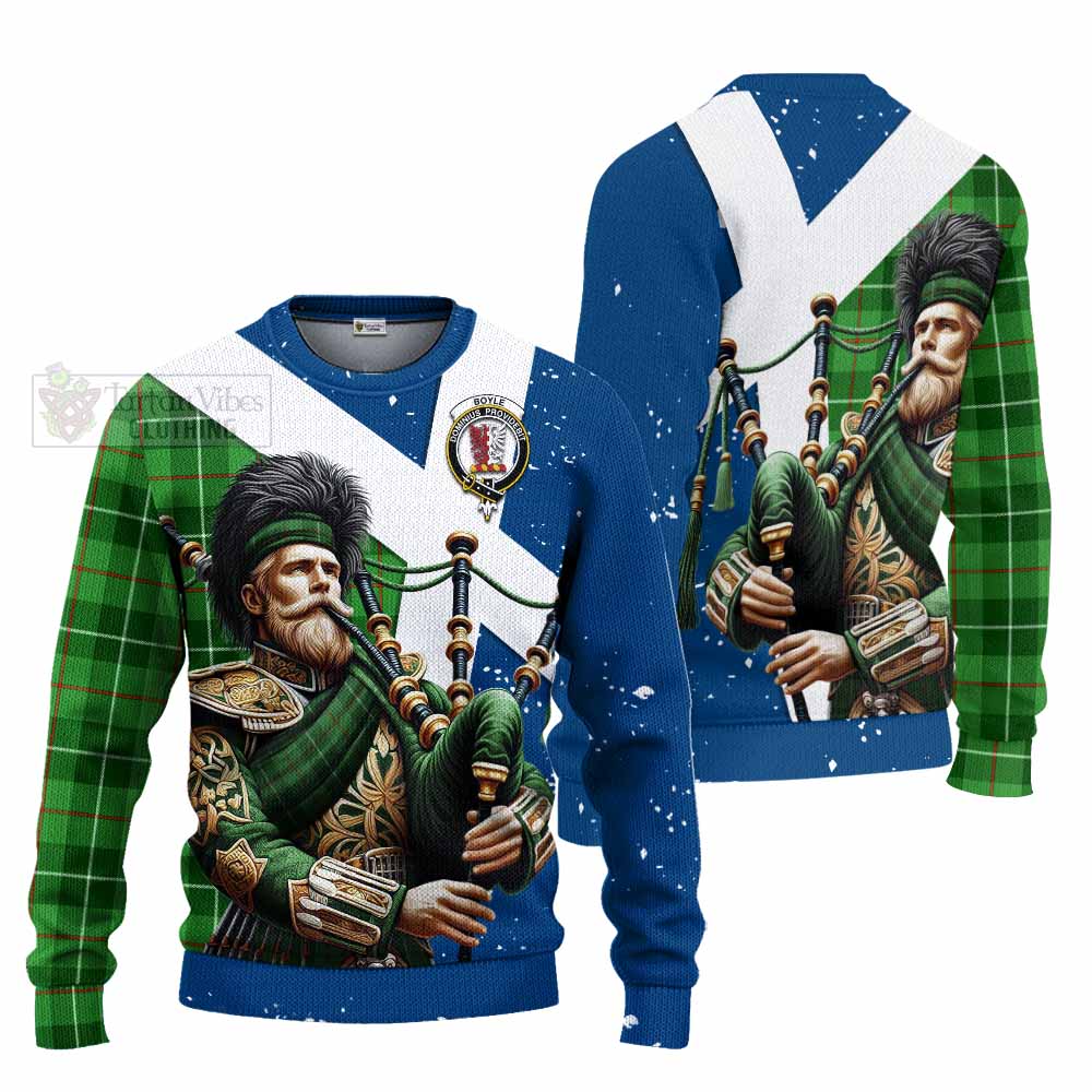 Tartan Vibes Clothing Boyle Tartan Knitted Sweater with Family Crest Scottish Bagpiper Vibes