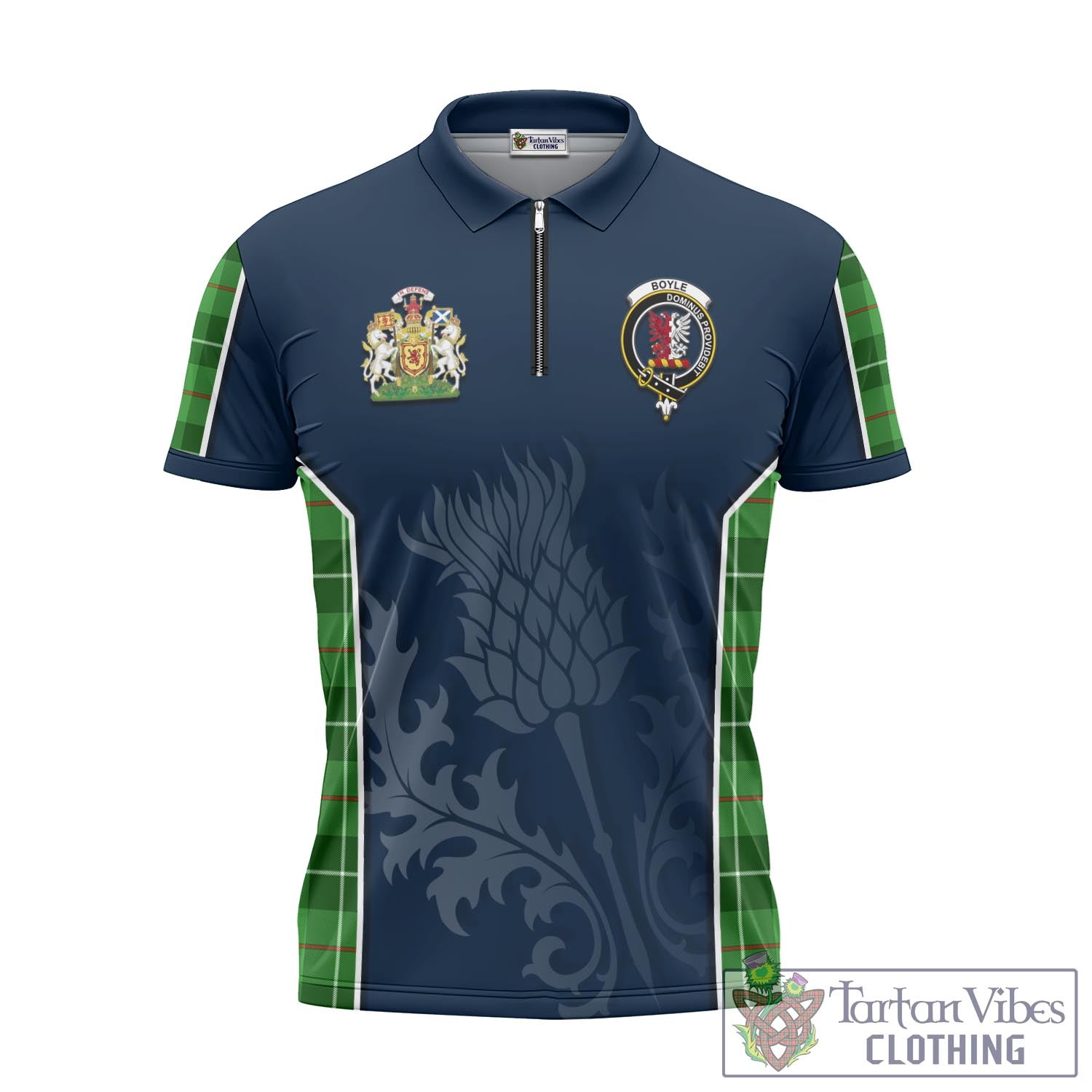 Boyle Tartan Zipper Polo Shirt with Family Crest and Scottish Thistle Vibes Sport Style Unisex - Tartan Vibes Clothing