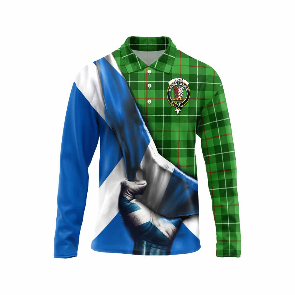 Tartan Vibes Clothing Boyle Tartan Long Sleeve Polo Shirt with Family Crest Scotland Patriotic Style