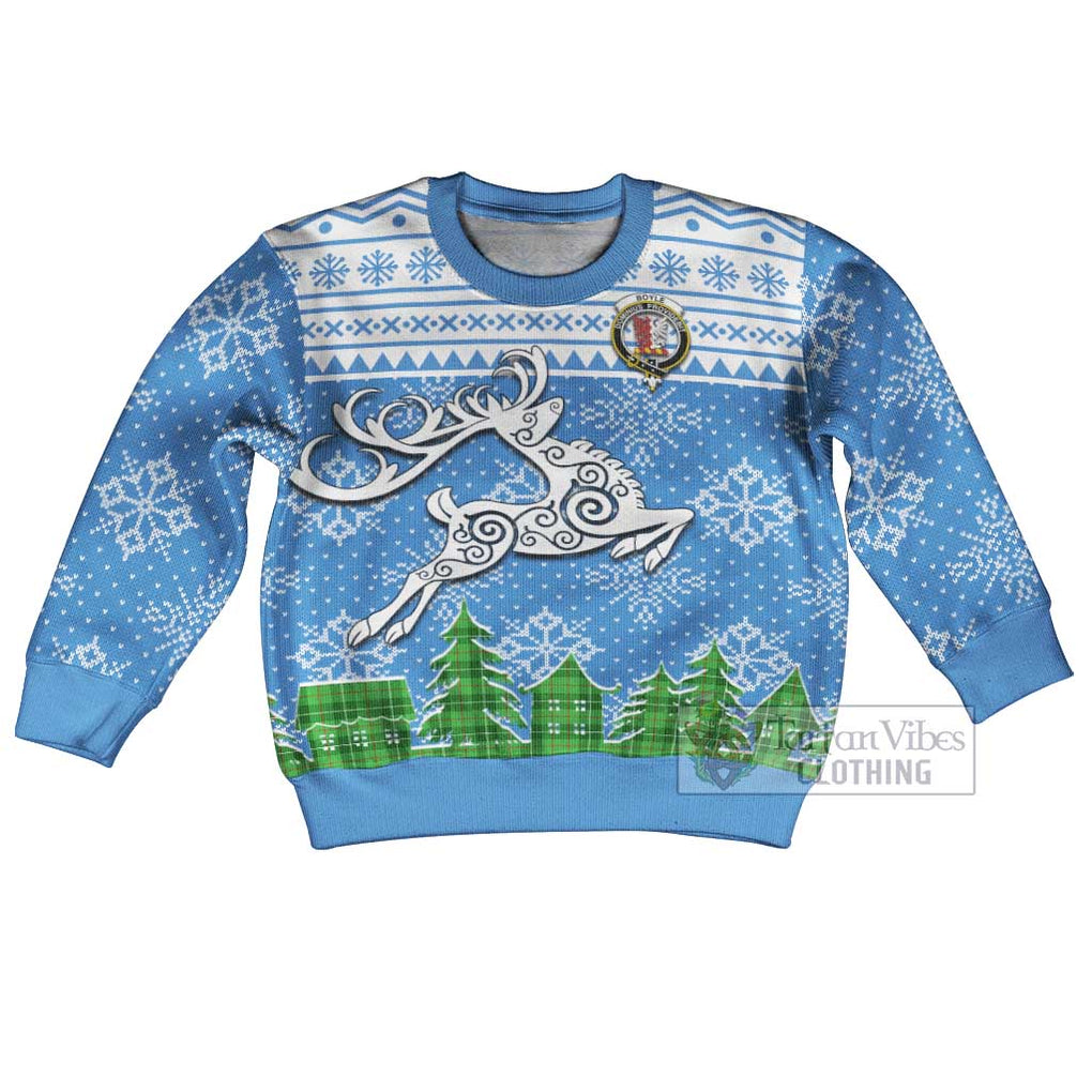 Tartan Vibes Clothing Boyle Clan Christmas Kid Ugly Sweater with Tartan and Celtic Raindeer Style