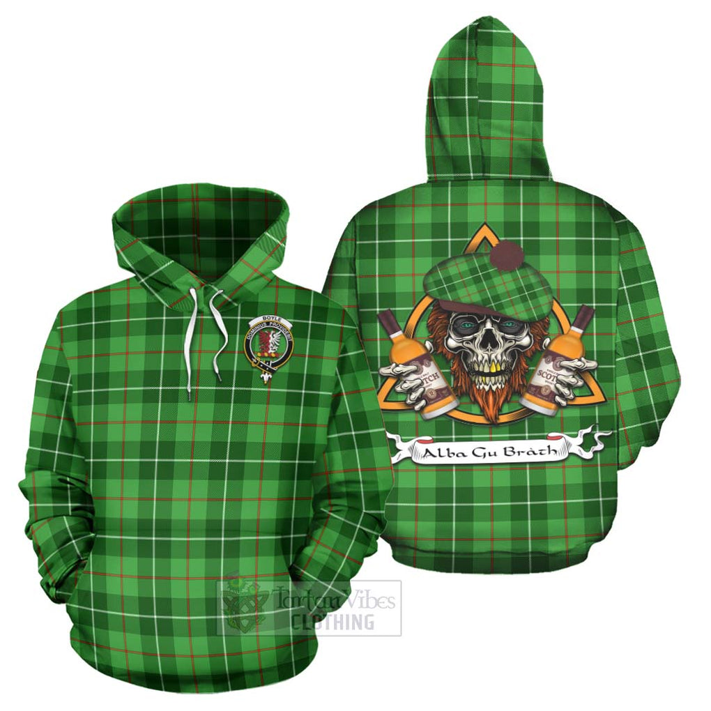 Tartan Vibes Clothing Boyle Tartan Hoodie with Family Crest and Bearded Skull Holding Bottles of Whiskey