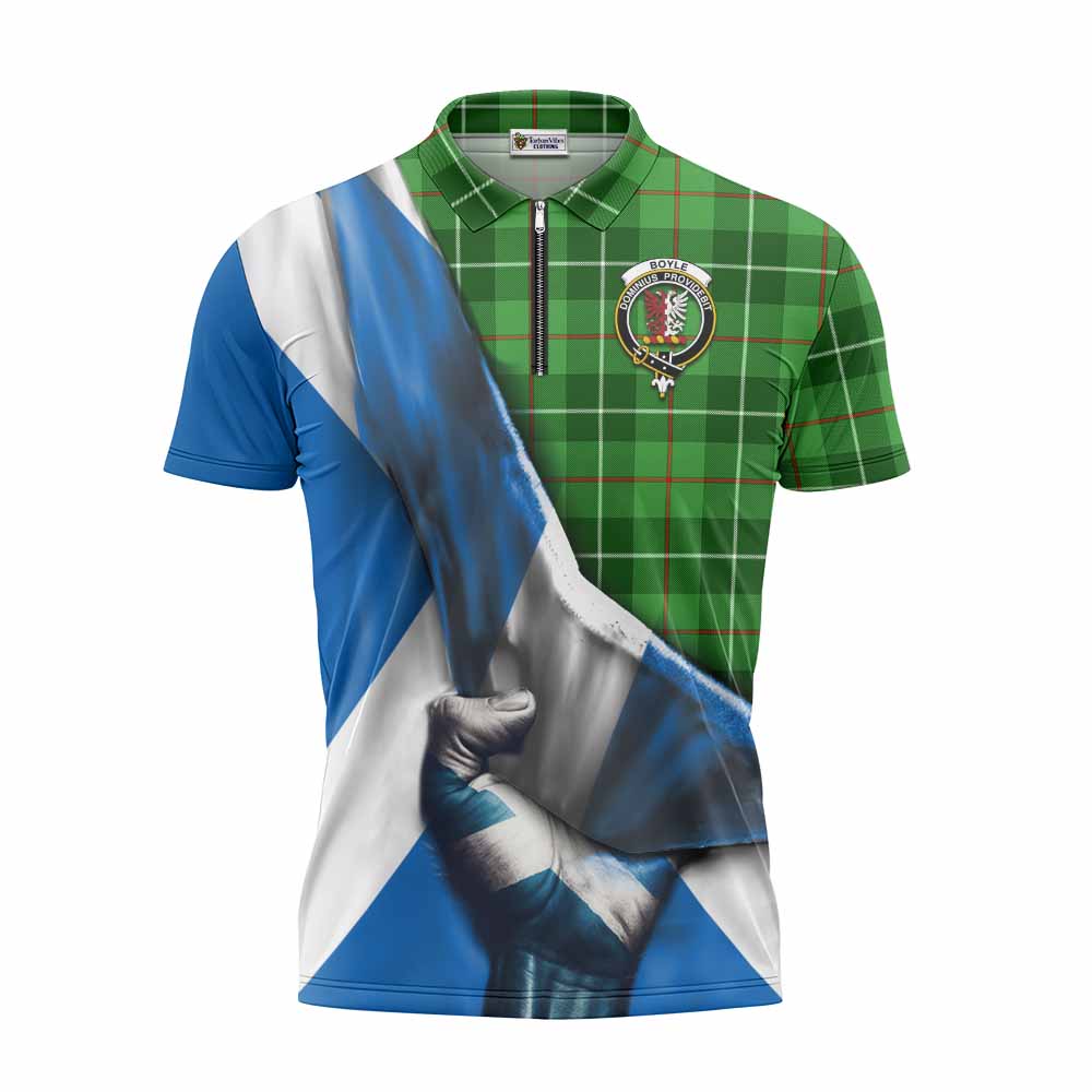 Tartan Vibes Clothing Boyle Tartan Zipper Polo Shirt with Family Crest Scotland Patriotic Style