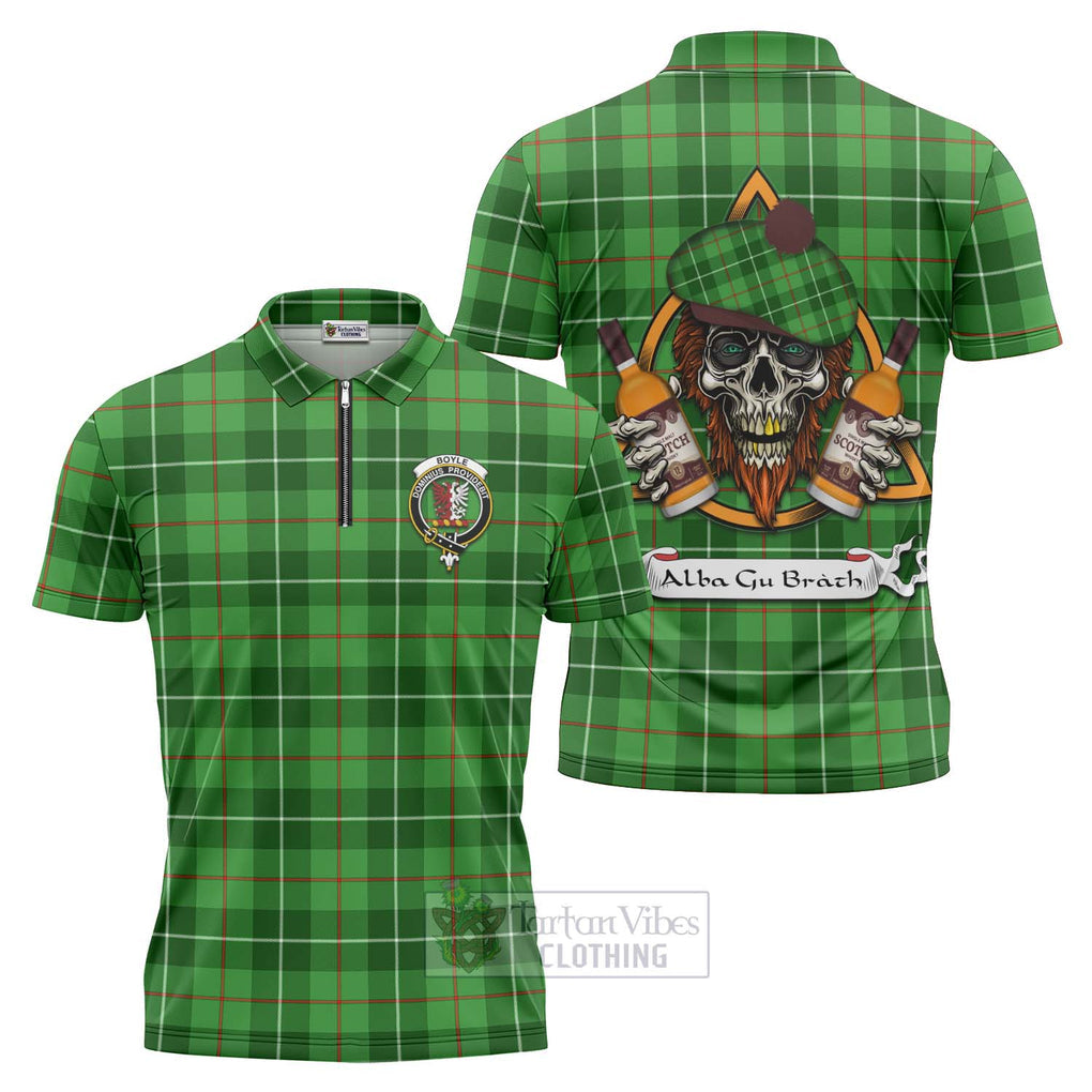 Tartan Vibes Clothing Boyle Tartan Zipper Polo Shirt with Family Crest and Bearded Skull Holding Bottles of Whiskey