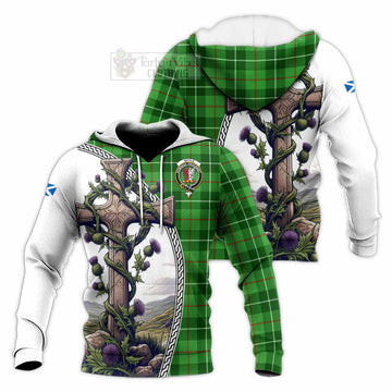 Boyle Tartan Knitted Hoodie with Family Crest and St. Andrew's Cross Accented by Thistle Vines