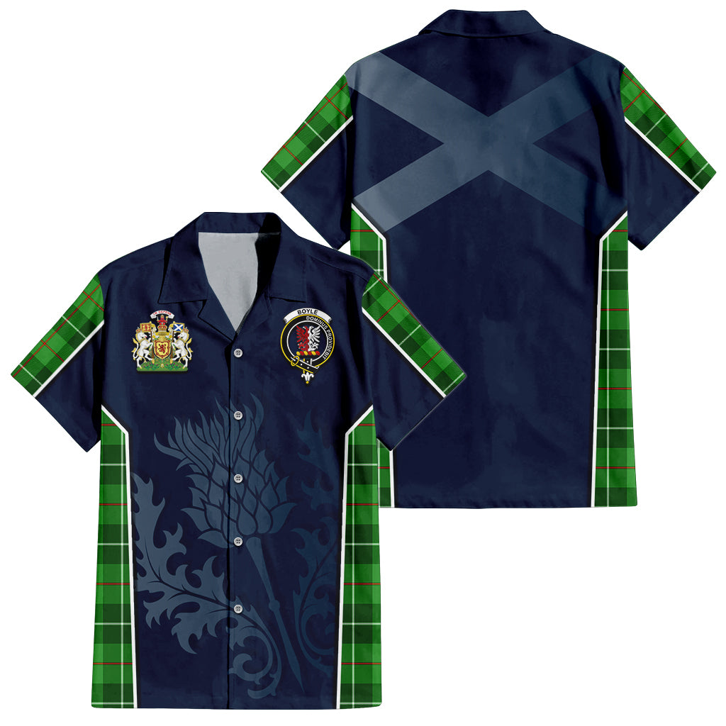 Tartan Vibes Clothing Boyle Tartan Short Sleeve Button Up Shirt with Family Crest and Scottish Thistle Vibes Sport Style