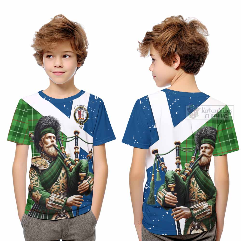 Tartan Vibes Clothing Boyle Tartan Kid T-Shirt with Family Crest Scottish Bagpiper Vibes