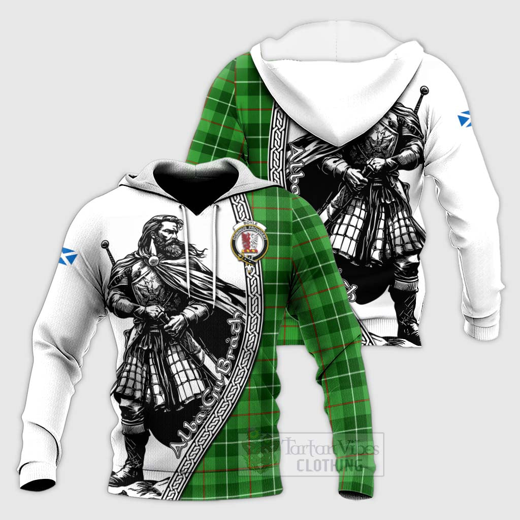 Tartan Vibes Clothing Boyle Tartan Clan Crest Knitted Hoodie with Highlander Warrior Celtic Style