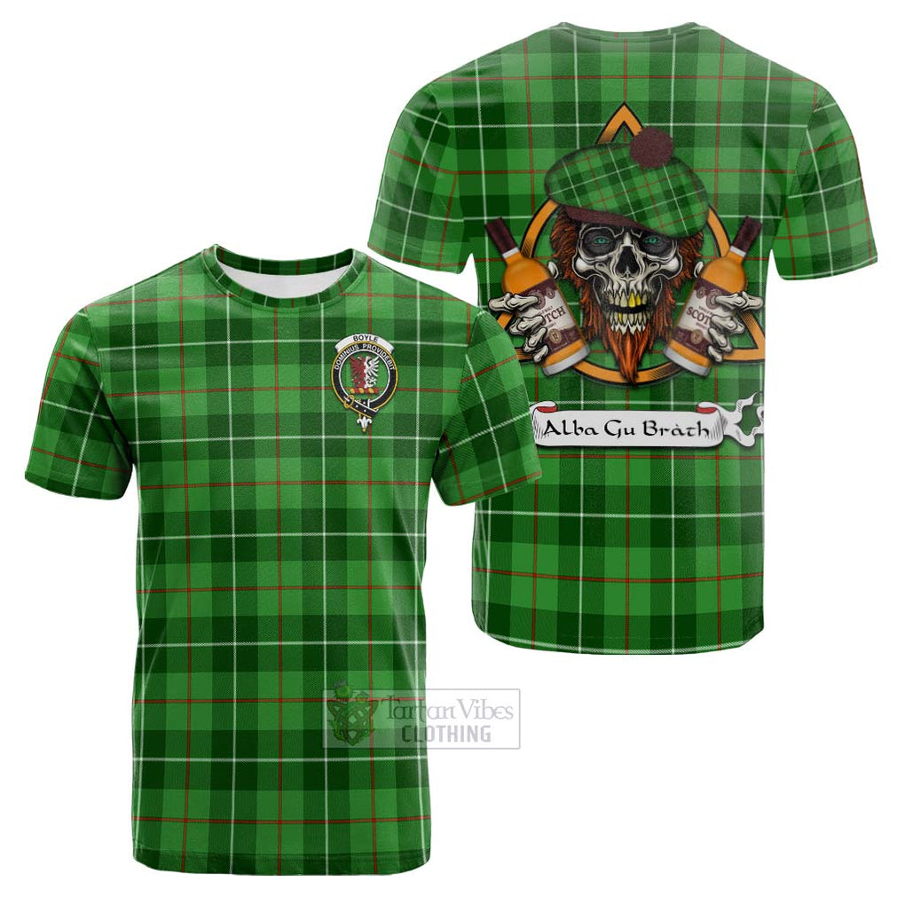 Tartan Vibes Clothing Boyle Tartan Cotton T-shirt with Family Crest and Bearded Skull Holding Bottles of Whiskey