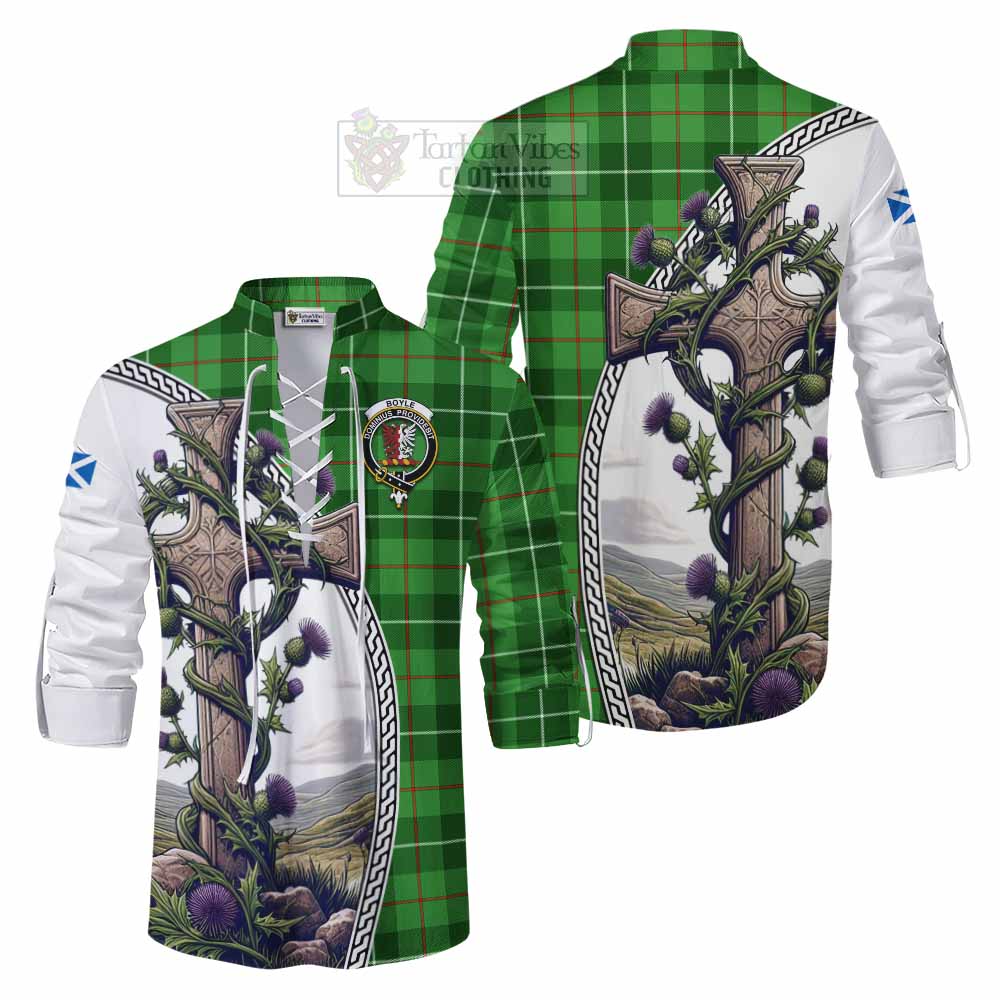 Tartan Vibes Clothing Boyle Tartan Ghillie Kilt Shirt with Family Crest and St. Andrew's Cross Accented by Thistle Vines