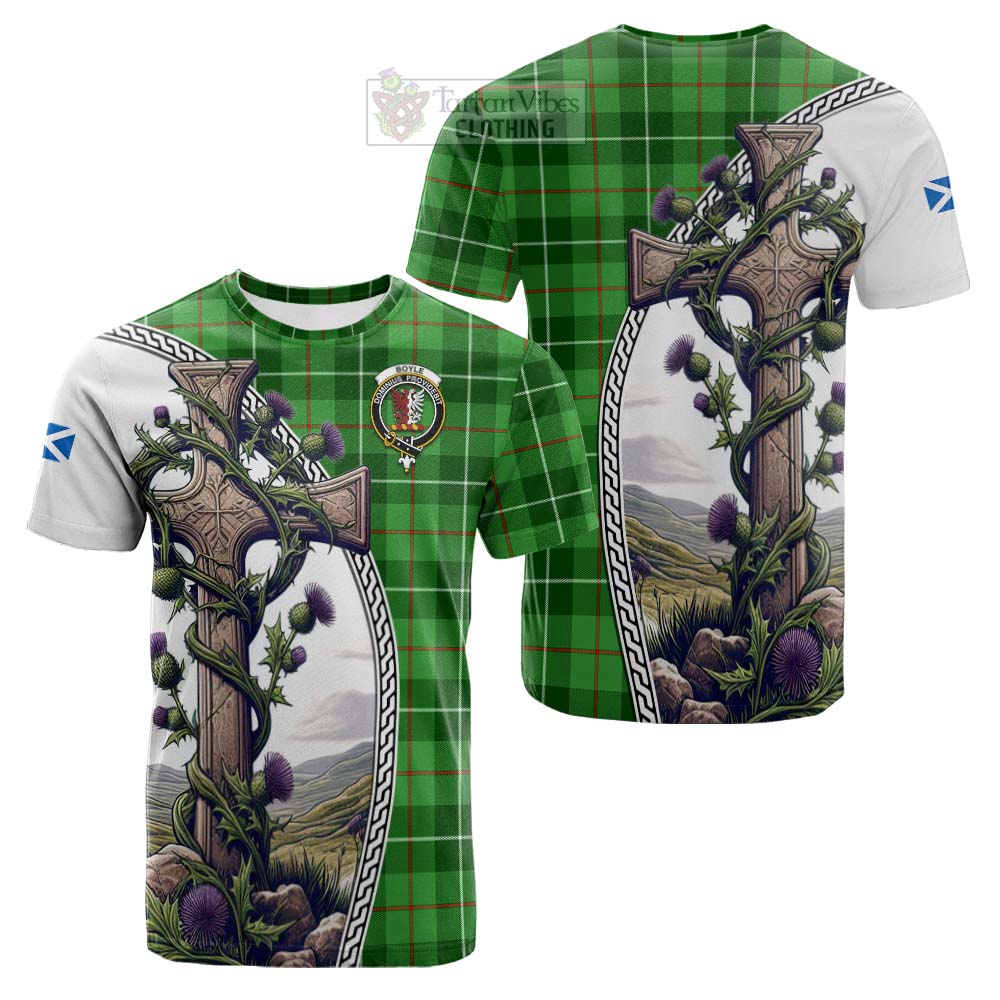 Tartan Vibes Clothing Boyle Tartan Cotton T-shirt with Family Crest and St. Andrew's Cross Accented by Thistle Vines