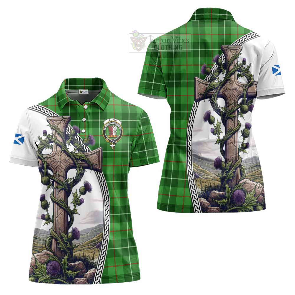 Tartan Vibes Clothing Boyle Tartan Women's Polo Shirt with Family Crest and St. Andrew's Cross Accented by Thistle Vines