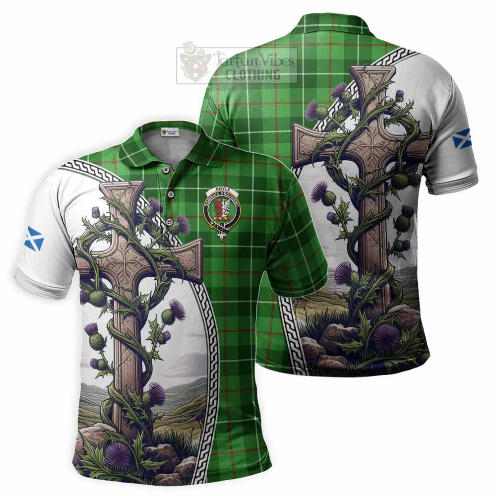 Tartan Vibes Clothing Boyle Tartan Polo Shirt with Family Crest and St. Andrew's Cross Accented by Thistle Vines