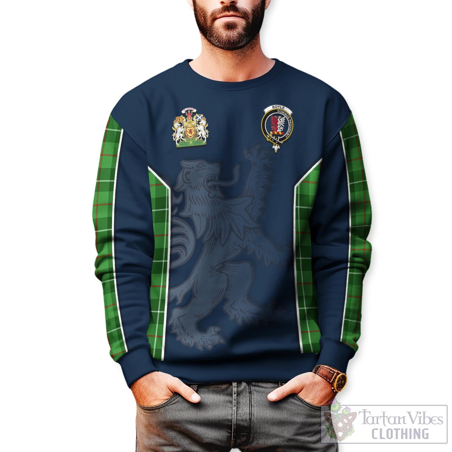 Boyle Tartan Sweater with Family Crest and Lion Rampant Vibes Sport Style Unisex - Tartan Vibes Clothing